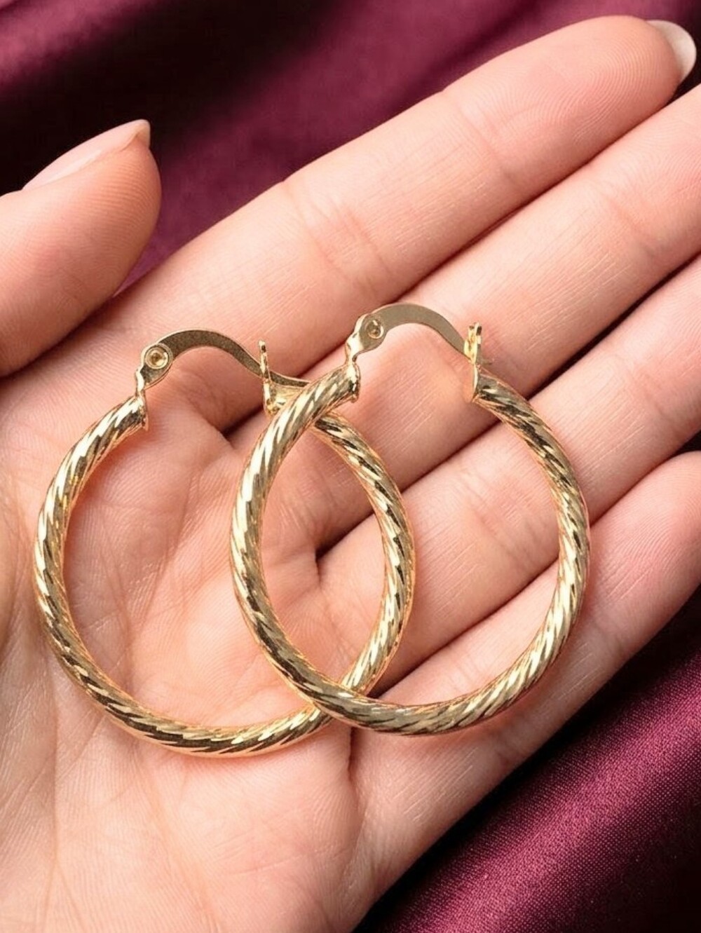 Hoop Earrings 18K Gold Filled Twist Cut Hoop Earrings 30mm Will Not Tarnish